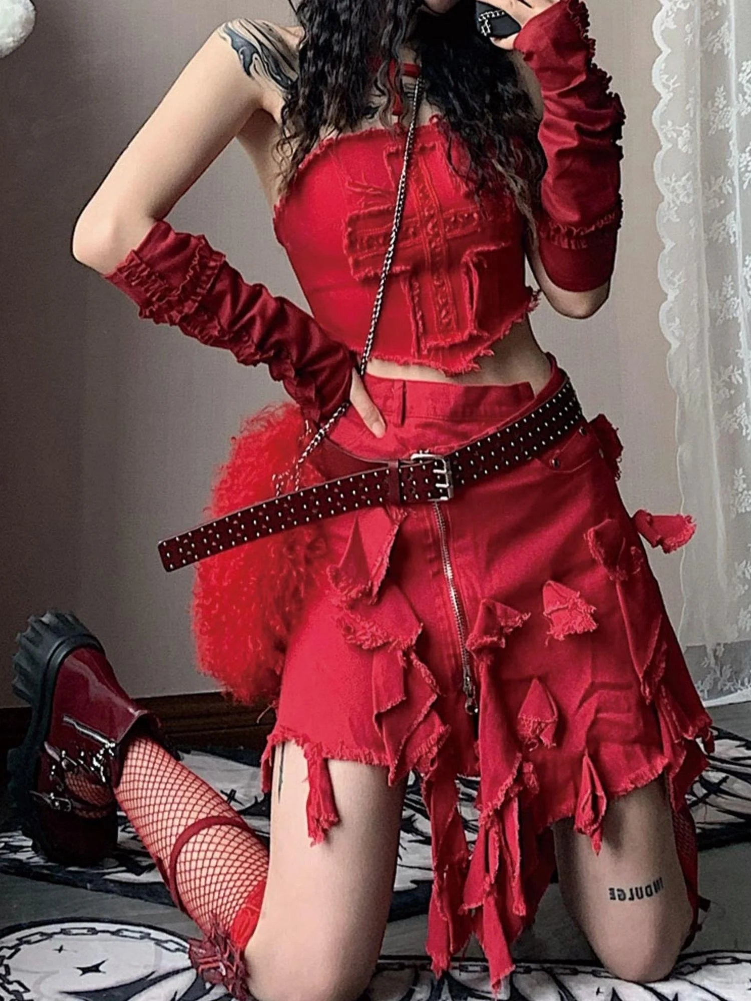 Y2K Cross Lace Denim Mini Skirt