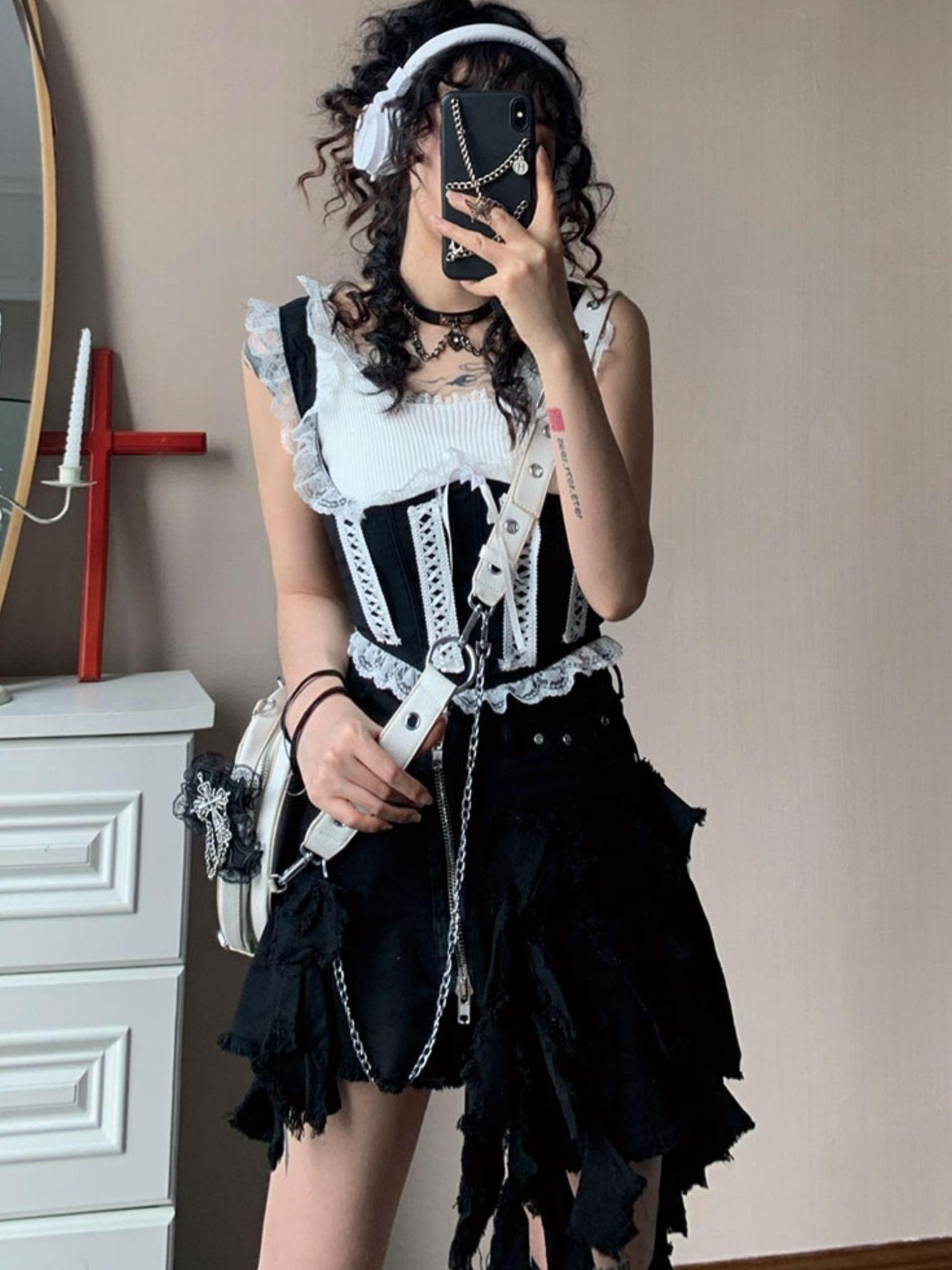 WSW WUSHENWU Y2K Cross Lace Denim Mini Skirt