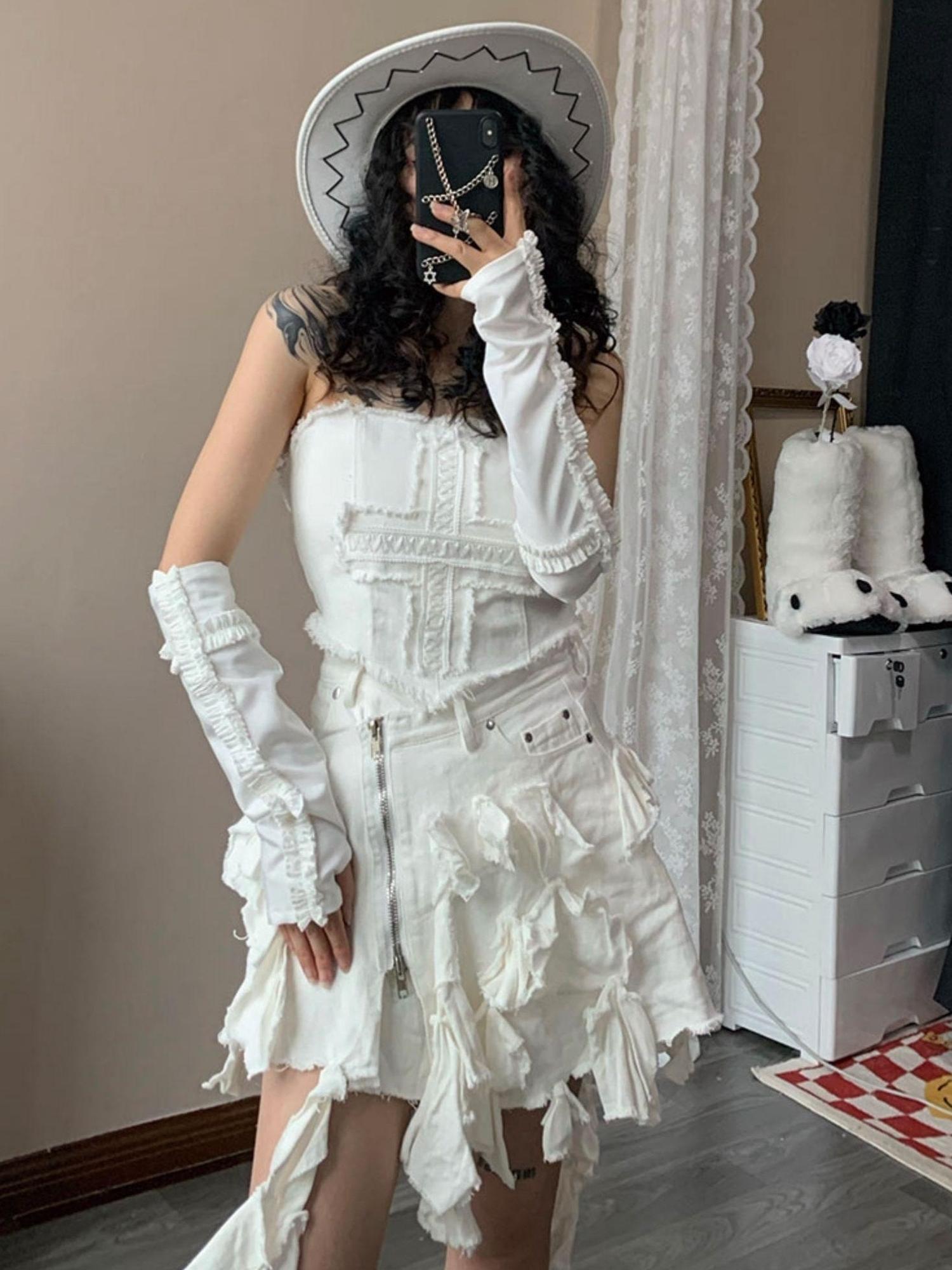 WSW WUSHENWU Y2K Cross Lace Denim Mini Skirt