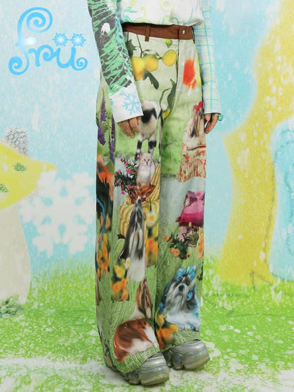 Y2K Green Dog Print Wide Leg Pants