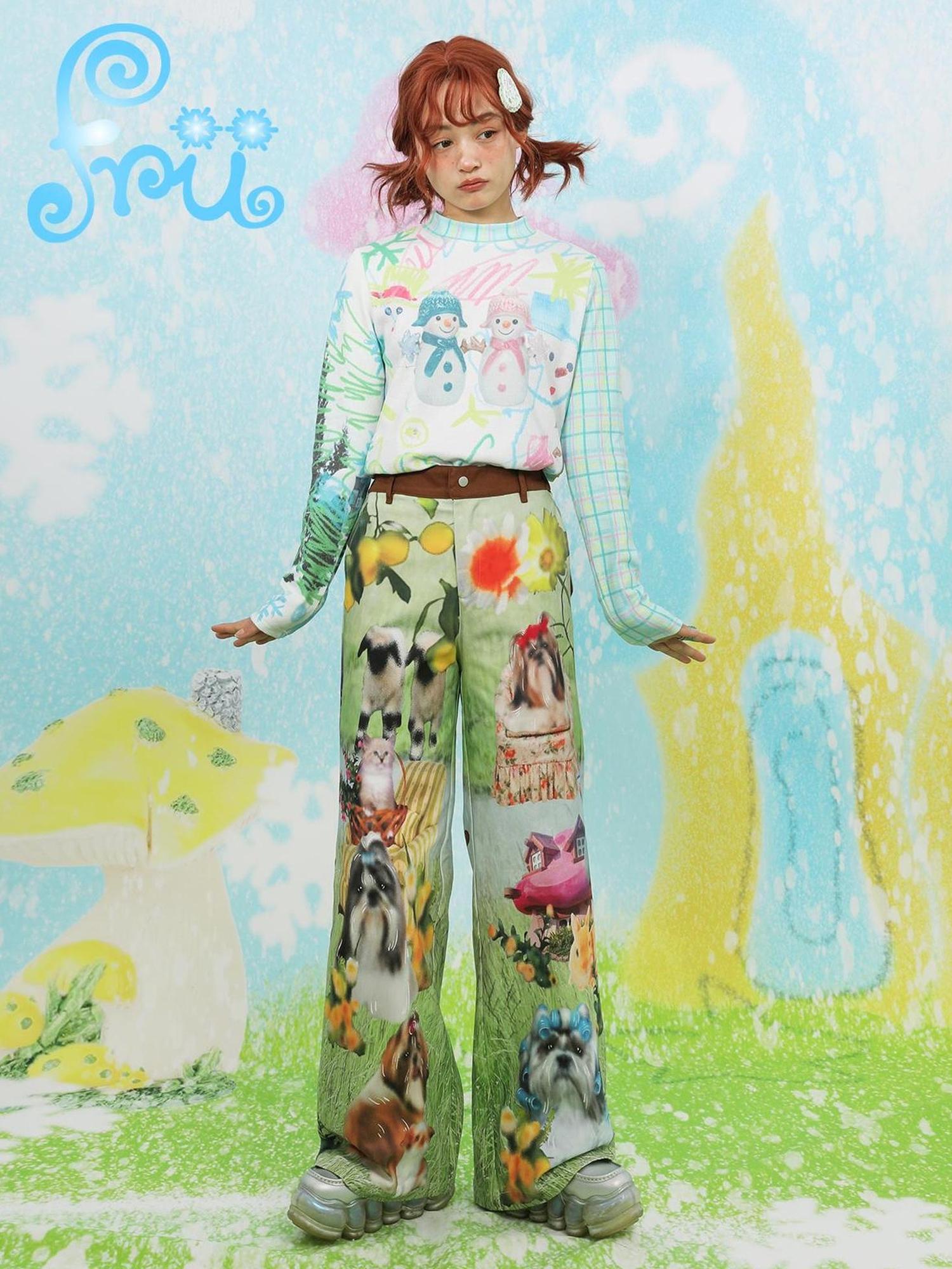 Frufru Gulu Y2K Green Dog Print Wide Leg Pants