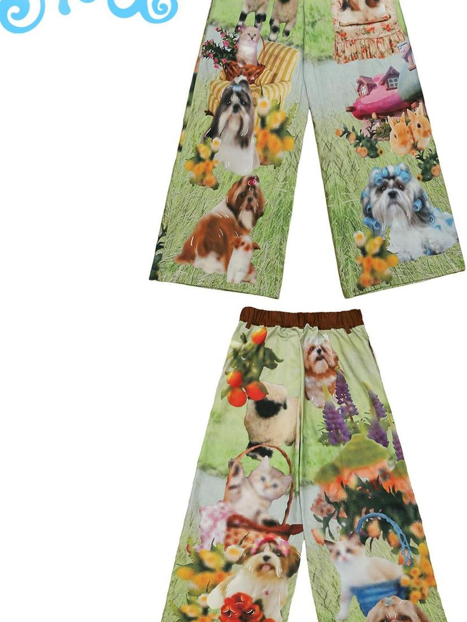 Frufru Gulu Y2K Green Dog Print Wide Leg Pants