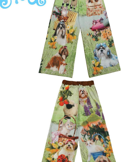 Frufru Gulu Y2K Green Dog Print Wide Leg Pants