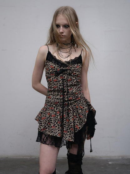 NO ROMANCE Y2K Harajuku Cheetah Lace Trim Slim Dress