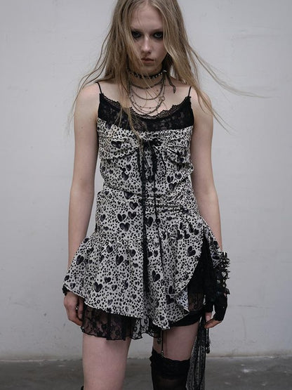 NO ROMANCE Y2K Harajuku Cheetah Lace Trim Slim Dress