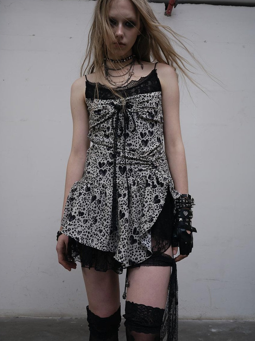 NO ROMANCE Y2K Harajuku Cheetah Lace Trim Slim Dress
