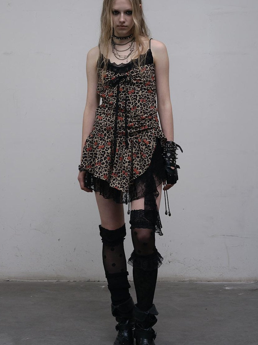 NO ROMANCE Y2K Harajuku Cheetah Lace Trim Slim Dress