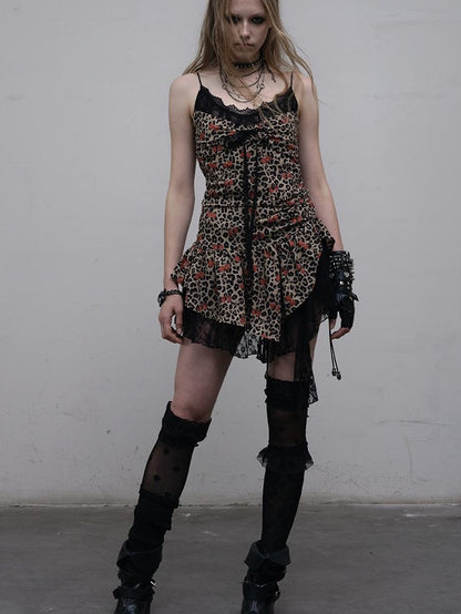 NO ROMANCE Y2K Harajuku Cheetah Lace Trim Slim Dress