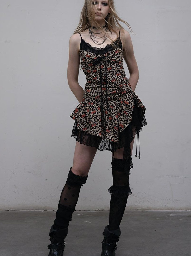 NO ROMANCE Y2K Harajuku Cheetah Lace Trim Slim Dress