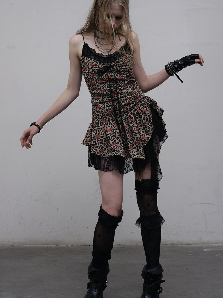 NO ROMANCE Y2K Harajuku Cheetah Lace Trim Slim Dress