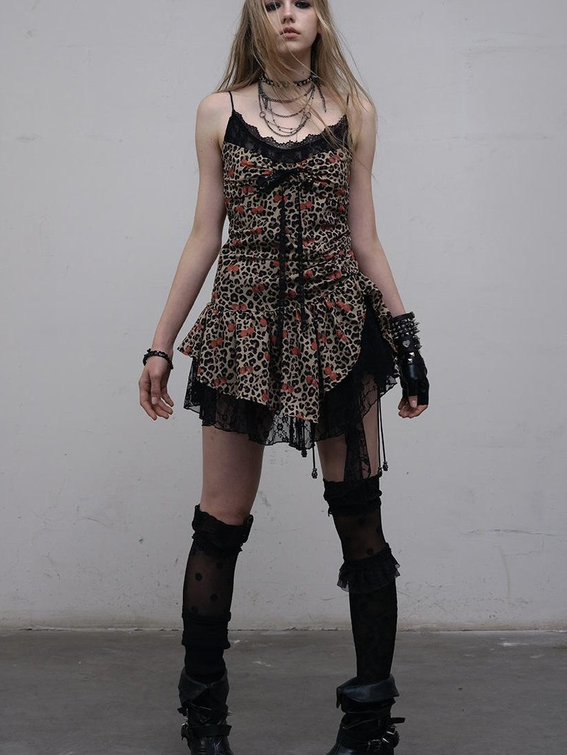 NO ROMANCE Y2K Harajuku Cheetah Lace Trim Slim Dress