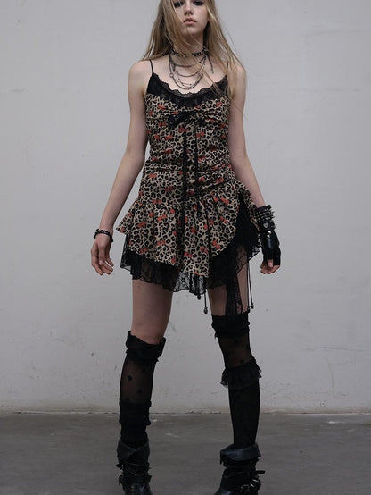 NO ROMANCE Y2K Harajuku Cheetah Lace Trim Slim Dress