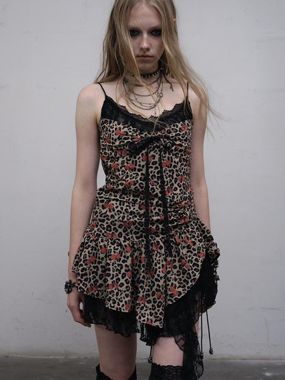 NO ROMANCE Y2K Harajuku Cheetah Lace Trim Slim Dress