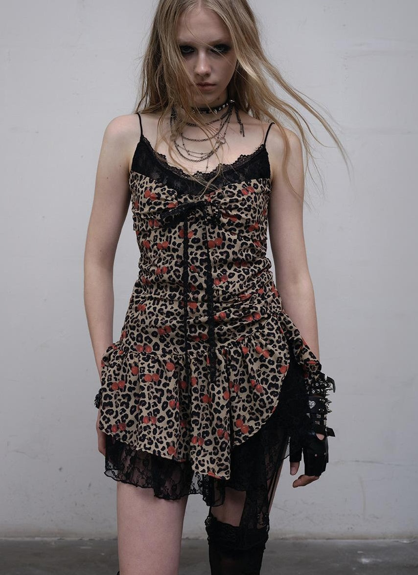 NO ROMANCE Y2K Harajuku Cheetah Lace Trim Slim Dress