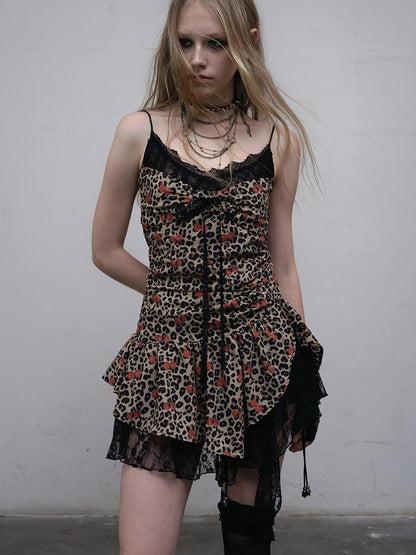 NO ROMANCE Y2K Harajuku Cheetah Lace Trim Slim Dress