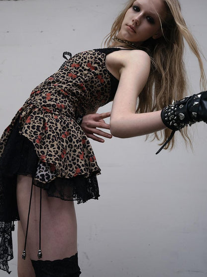 NO ROMANCE Y2K Harajuku Cheetah Lace Trim Slim Dress