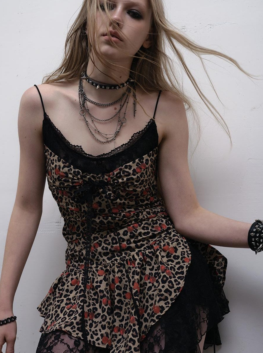 NO ROMANCE Y2K Harajuku Cheetah Lace Trim Slim Dress