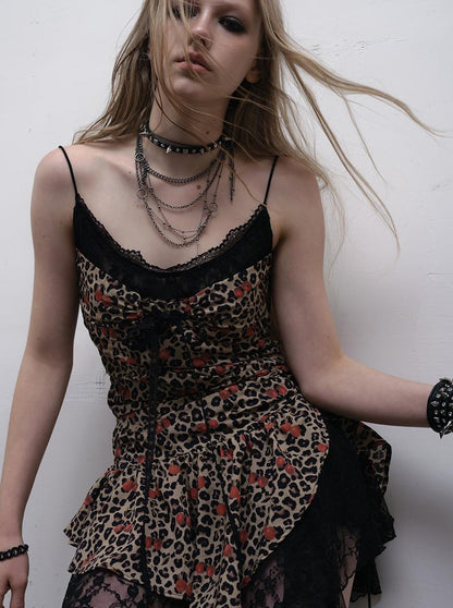 NO ROMANCE Y2K Harajuku Cheetah Lace Trim Slim Dress