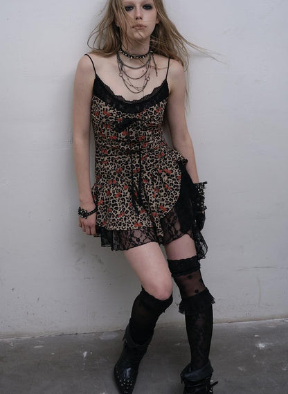 NO ROMANCE Y2K Harajuku Cheetah Lace Trim Slim Dress