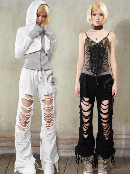 ARIADNAw Y2K Low Rise Ripped Wide Leg Punk Denim Pants