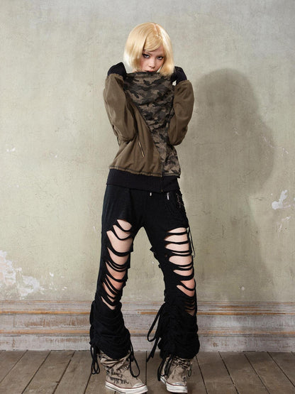 ARIADNAw Y2K Low Rise Ripped Wide Leg Punk Denim Pants