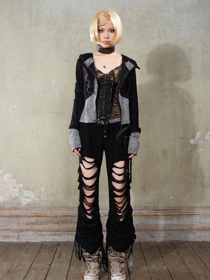 ARIADNAw Y2K Low Rise Ripped Wide Leg Punk Denim Pants