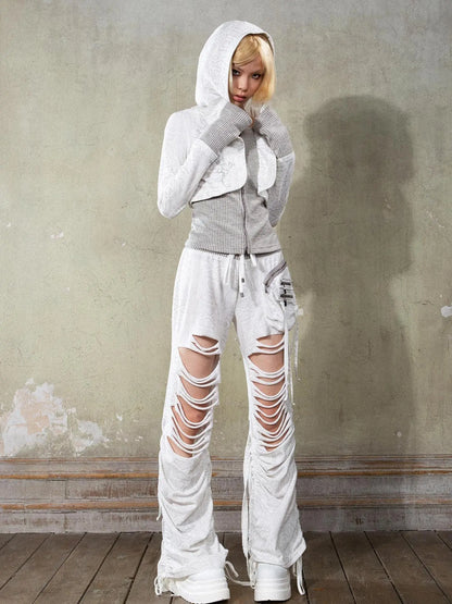 Y2K Low Rise Ripped Wide Leg Punk Denim Pants