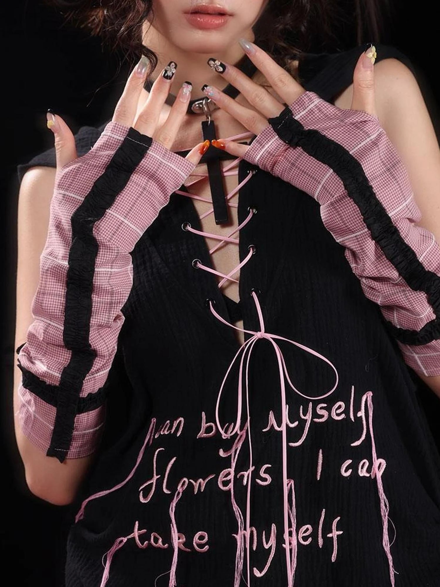 Y2K Pink Black Checkered Lace Sunproof Detachable Sleeves