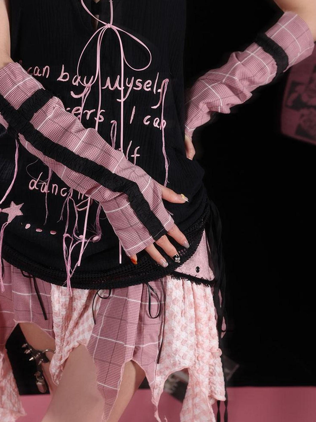 WSW WUSHENWU Y2K Pink Black Checkered Lace Sunproof Detachable Sleeves