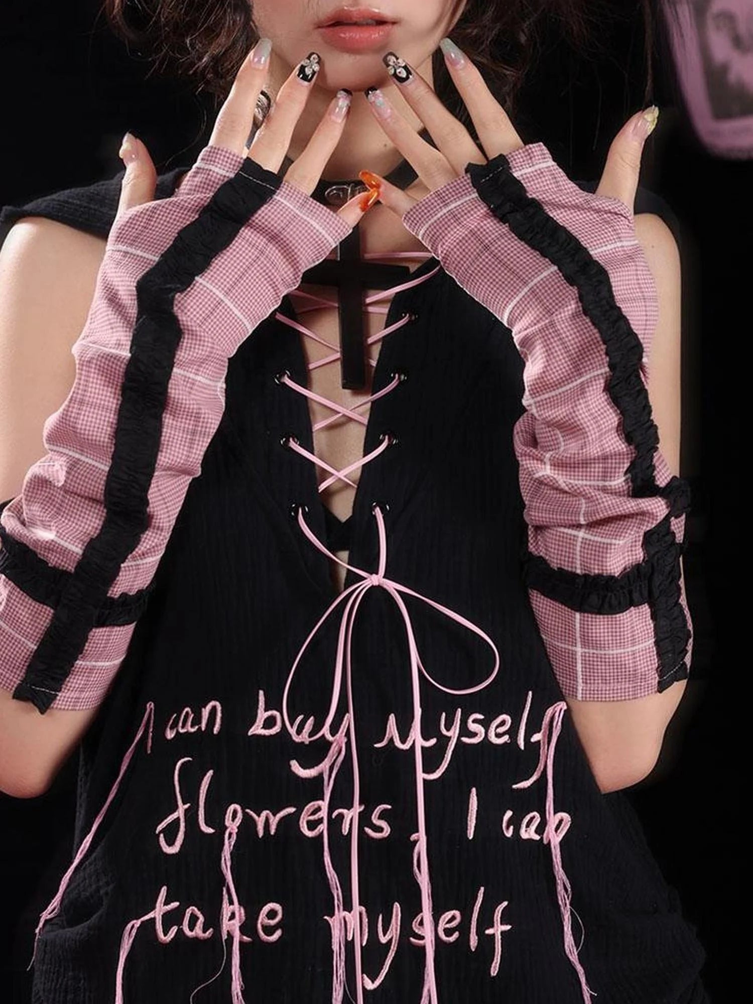 Y2K Pink Black Checkered Lace Sunproof Detachable Sleeves