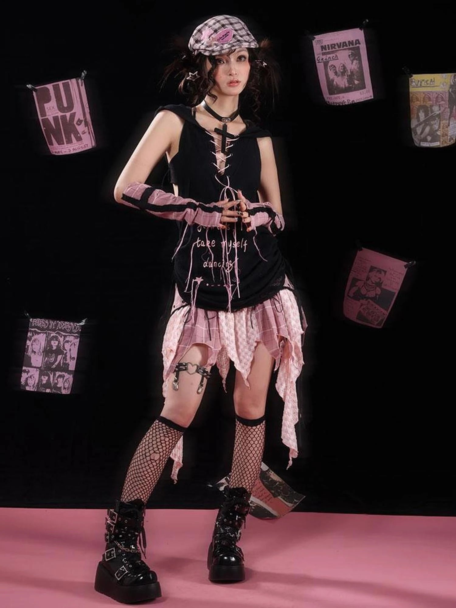 Y2K Pink Black Checkered Lace Sunproof Detachable Sleeves