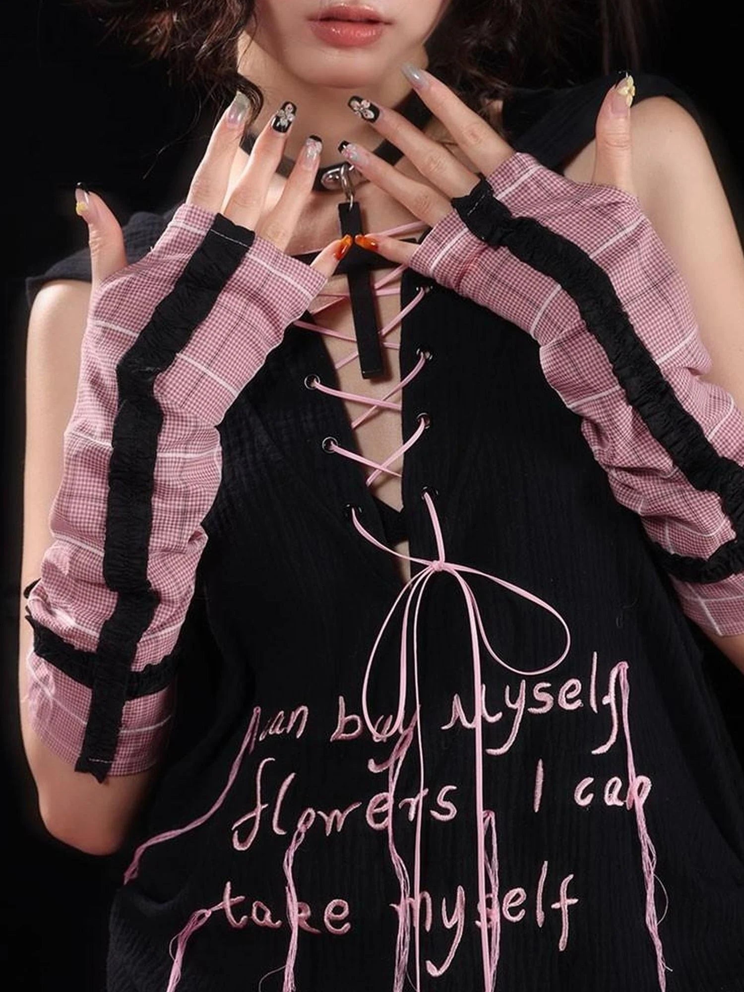 Y2K Pink Black Checkered Lace Sunproof Detachable Sleeves