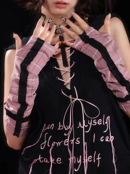Y2K Pink Black Checkered Lace Sunproof Detachable Sleeves