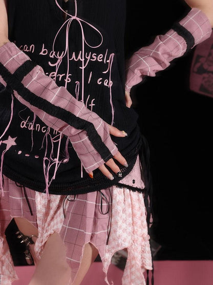 WSW WUSHENWU Y2K Pink Black Checkered Lace Sunproof Detachable Sleeves