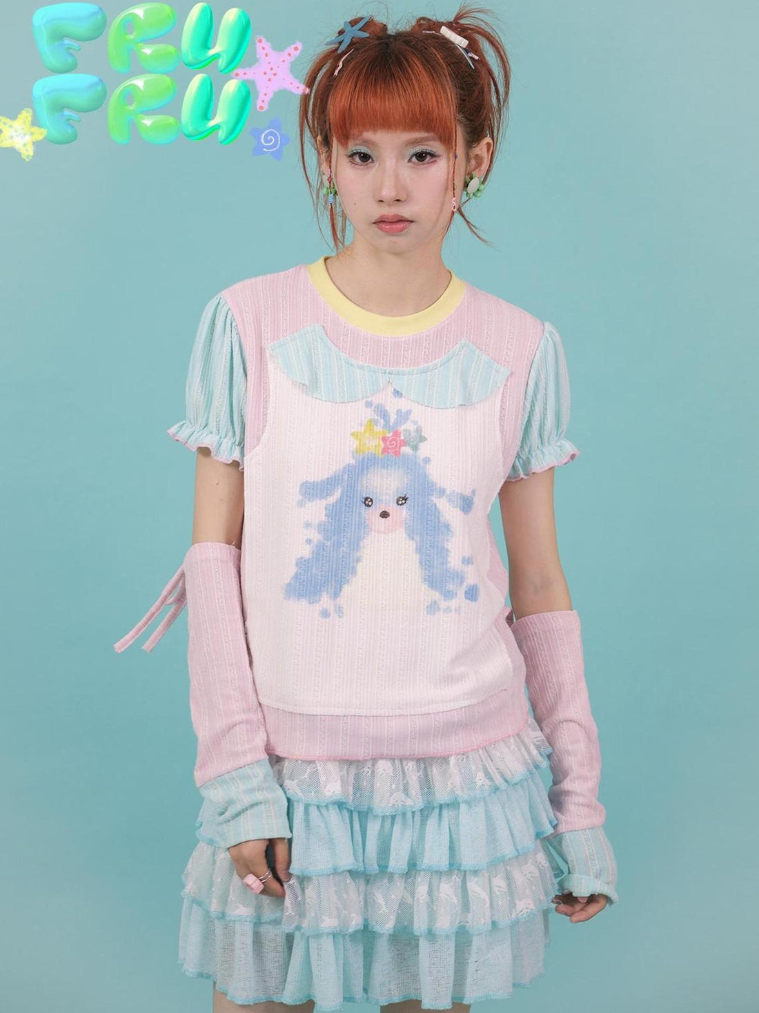 Frufru Gulu Y2K Pink Blue Contrast Puppy Print Cotton Tee For Girls