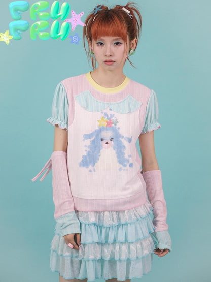 Frufru Gulu Y2K Pink Blue Contrast Puppy Print Cotton Tee For Girls