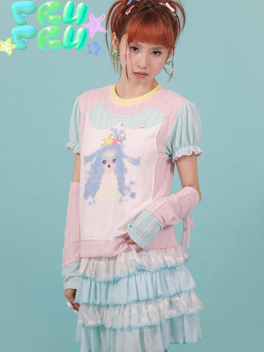 Frufru Gulu Y2K Pink Blue Contrast Puppy Print Cotton Tee For Girls