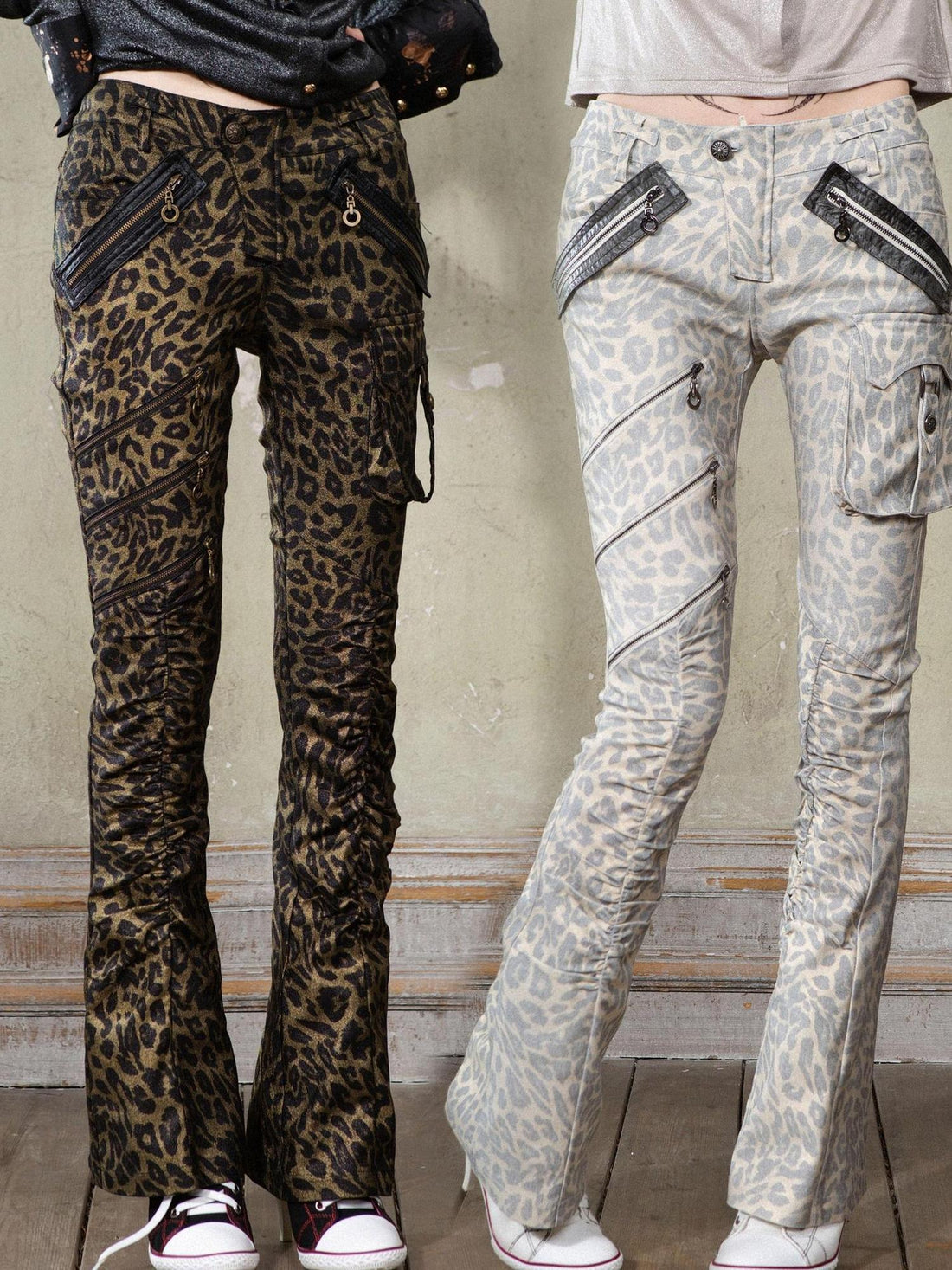 ARIADNAw Y2K Punk Patchwork Flared Pants Retro Grunge Low Rise Leopard