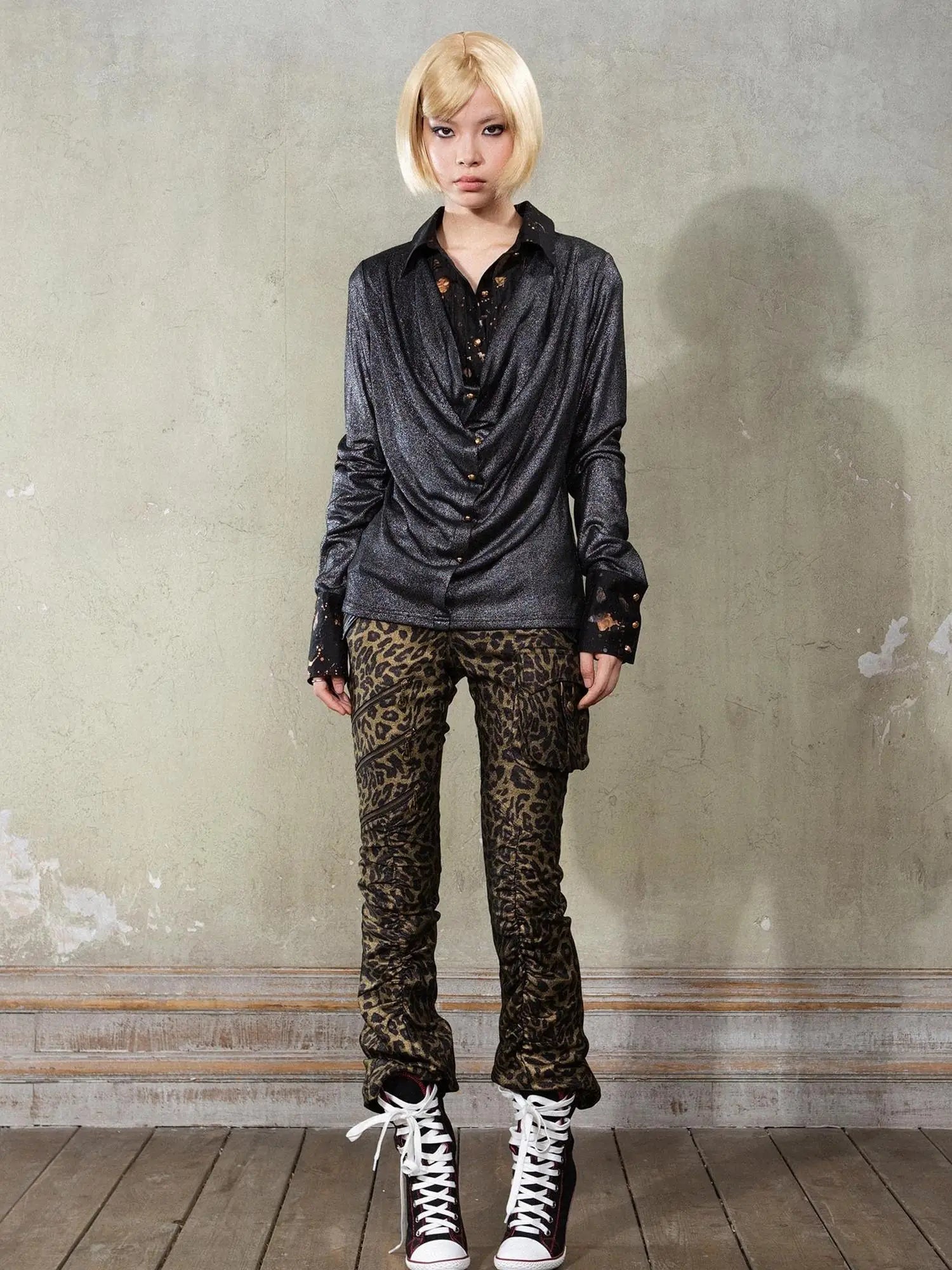 Y2K Punk Patchwork Flared Pants Retro Grunge Low Rise Leopard