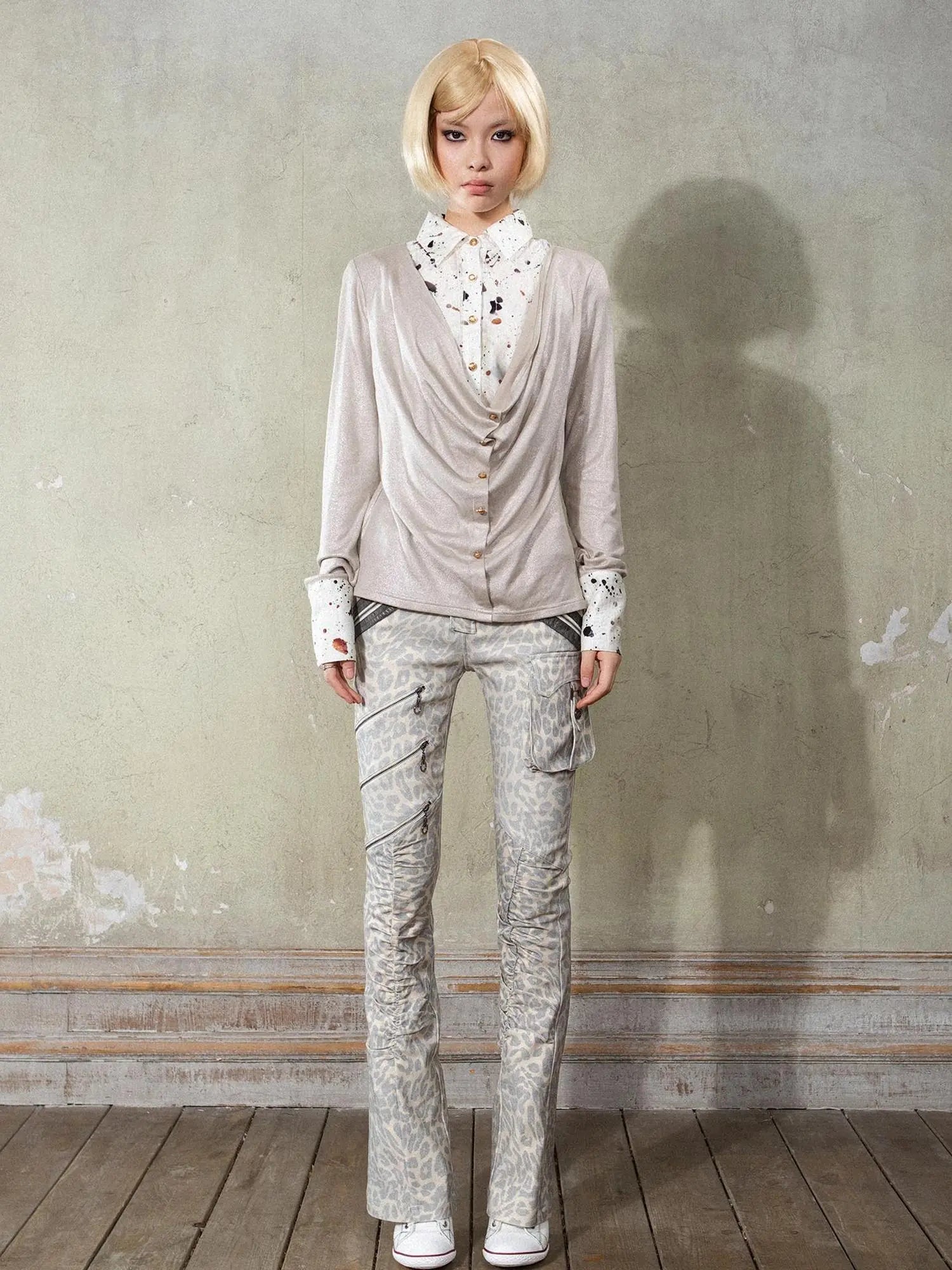 Y2K Punk Patchwork Flared Pants Retro Grunge Low Rise Leopard