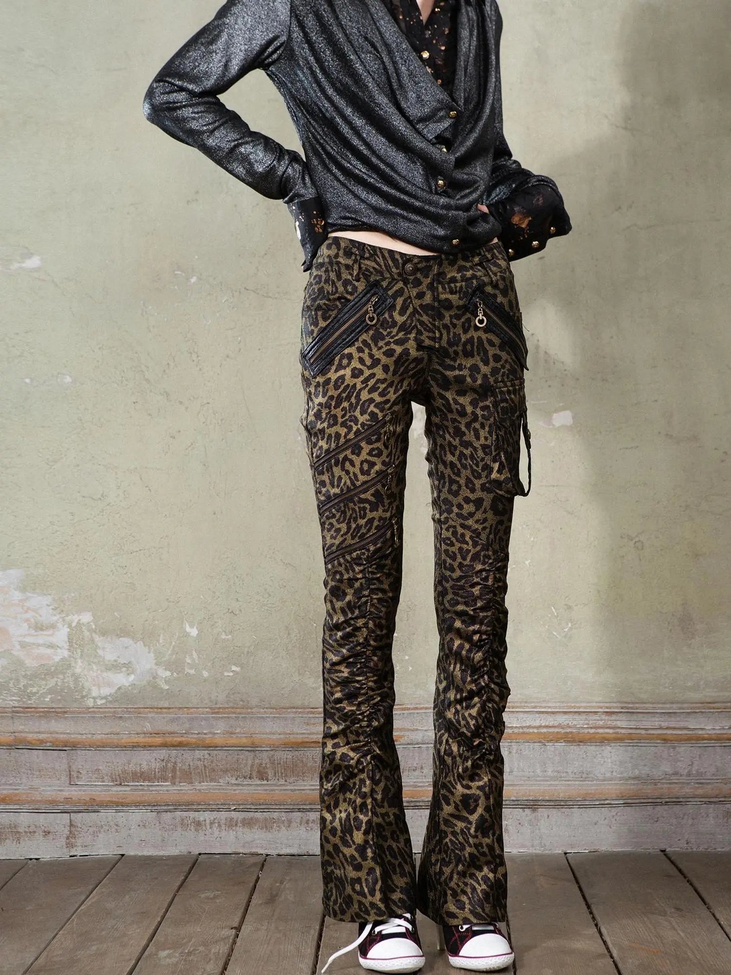 Y2K Punk Patchwork Flared Pants Retro Grunge Low Rise Leopard