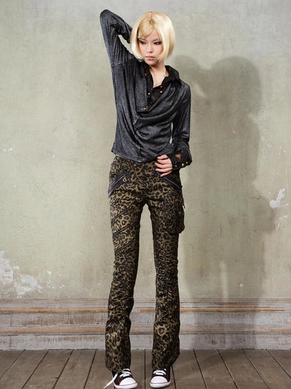 Y2K Punk Patchwork Flared Pants Retro Grunge Low Rise Leopard