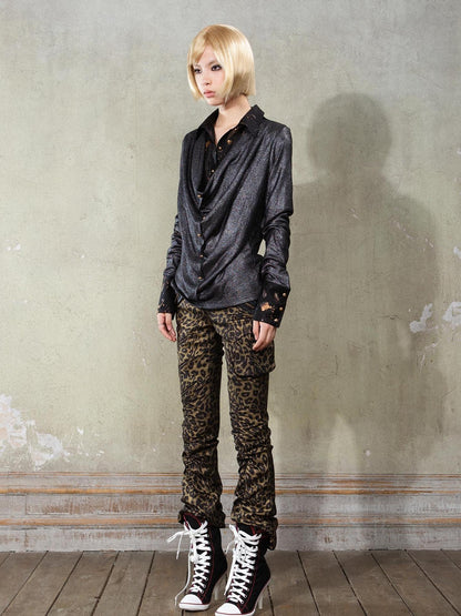 ARIADNAw Y2K Punk Patchwork Flared Pants Retro Grunge Low Rise Leopard