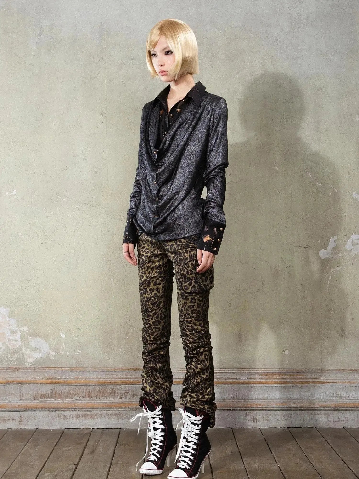 Y2K Punk Patchwork Flared Pants Retro Grunge Low Rise Leopard