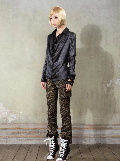 Y2K Punk Patchwork Flared Pants Retro Grunge Low Rise Leopard