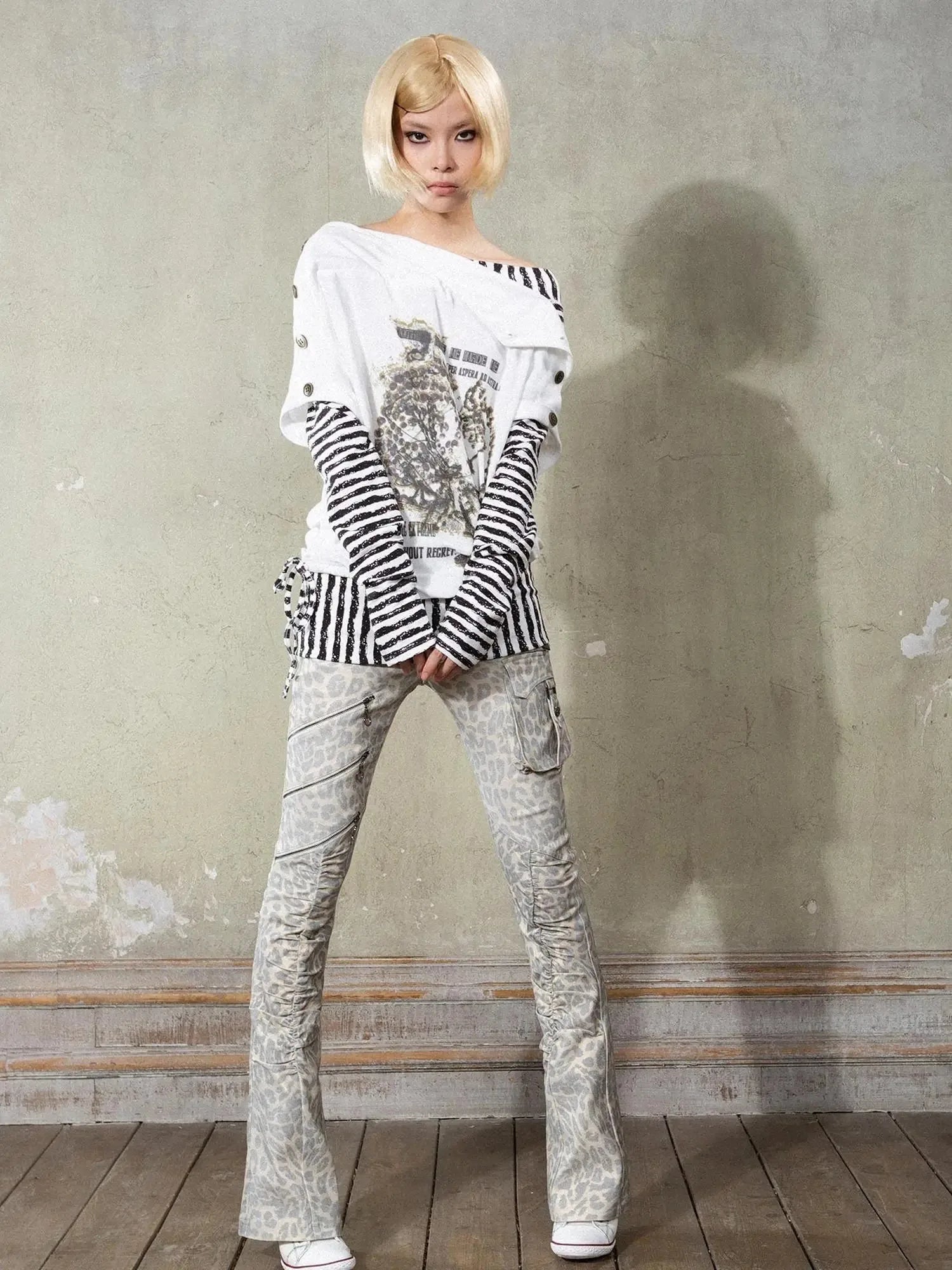 Y2K Punk Patchwork Flared Pants Retro Grunge Low Rise Leopard