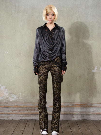 ARIADNAw Y2K Punk Patchwork Flared Pants Retro Grunge Low Rise Leopard