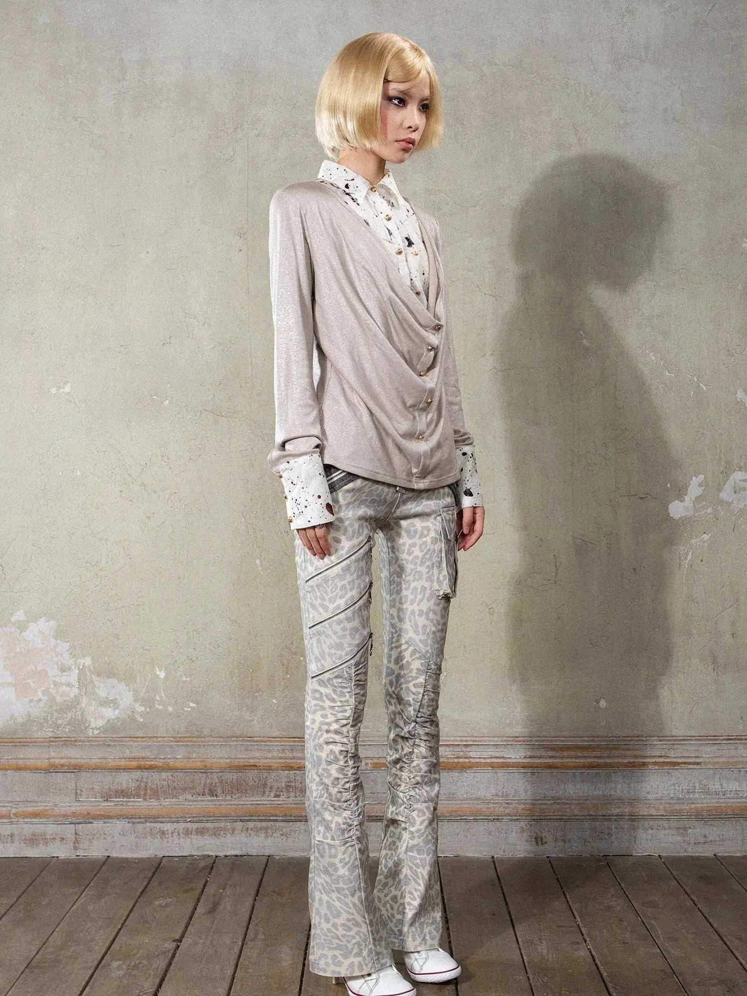 Y2K Punk Patchwork Flared Pants Retro Grunge Low Rise Leopard