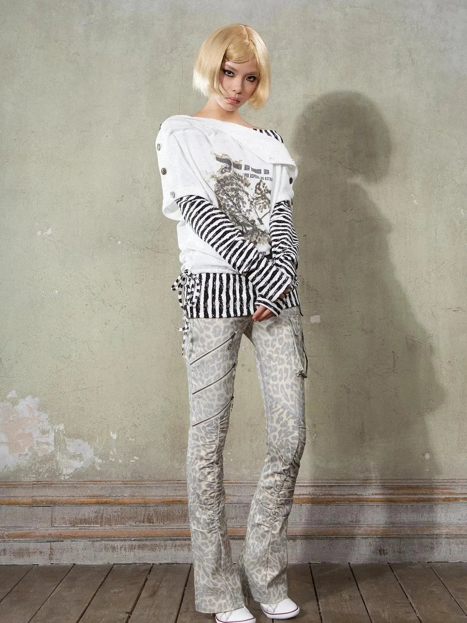 Y2K Punk Patchwork Flared Pants Retro Grunge Low Rise Leopard