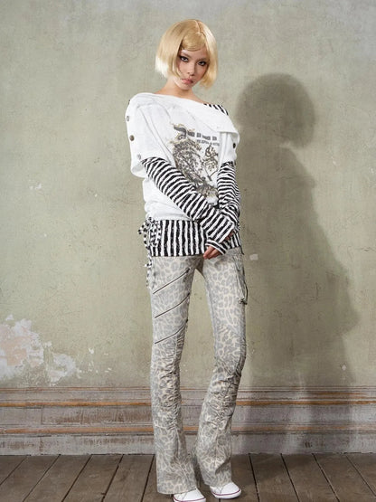 Y2K Punk Patchwork Flared Pants Retro Grunge Low Rise Leopard